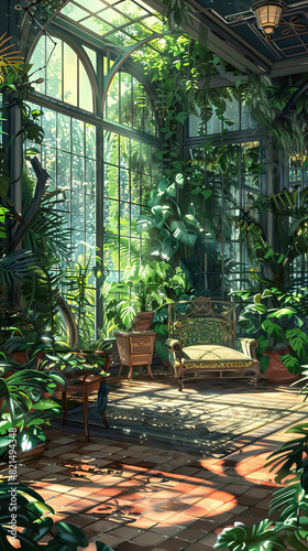 Concept Art of Sunlit conservatory with lush plants and a comfortable seating arrangement,Pixel art scenes © Jojo