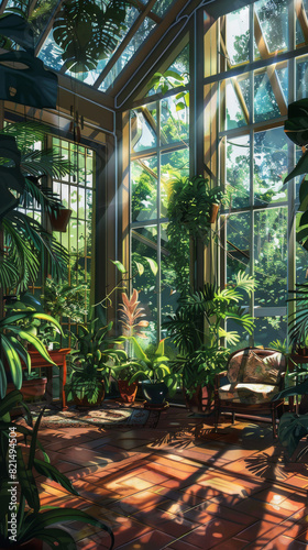 Concept Art of Sunlit conservatory with lush plants and a comfortable seating arrangement,Pixel art scenes