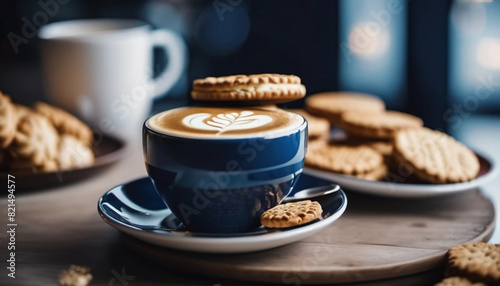 Blue cup of coffee with milky flower and biscuits  ai