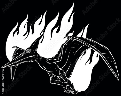 pterodactyl dinosaur in white line on black background