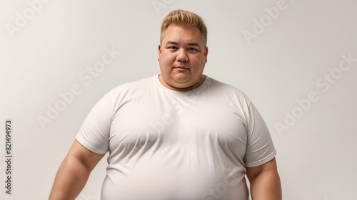 Fat man in T-shirt on light background