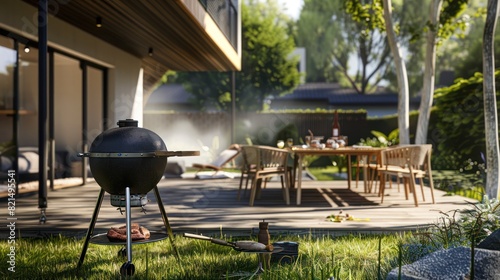 BBQ grill beef steak smoke stove in the backyard during summer vacation.