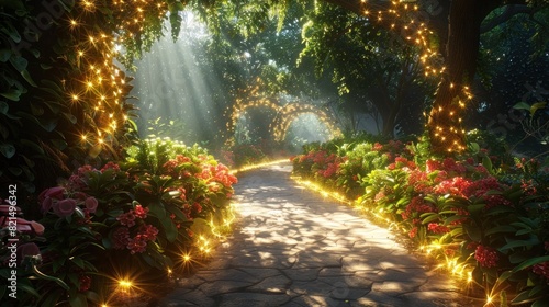 Intertwining Beams of Light A Magical D Rendered Romantic Garden Pathway on a Hitechnology Background photo