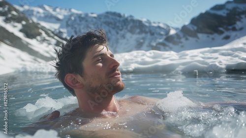 man taking a ice bath in a frozen lake