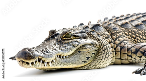 Close up of large crocodile that lay down on floor and look up isolated on clean png background  reptile animal concept
