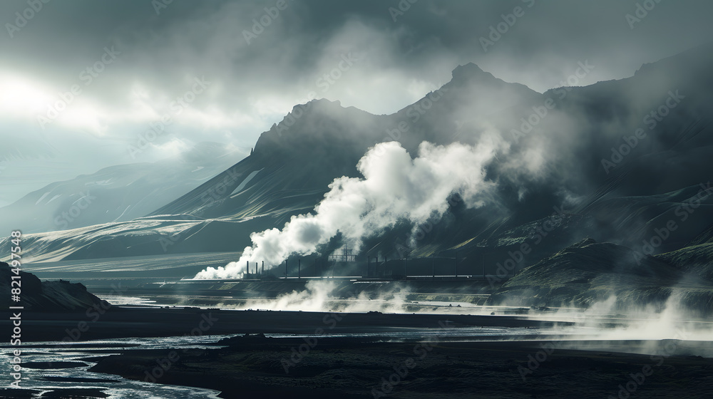 Naklejka premium A mountain range with a large factory in the middle