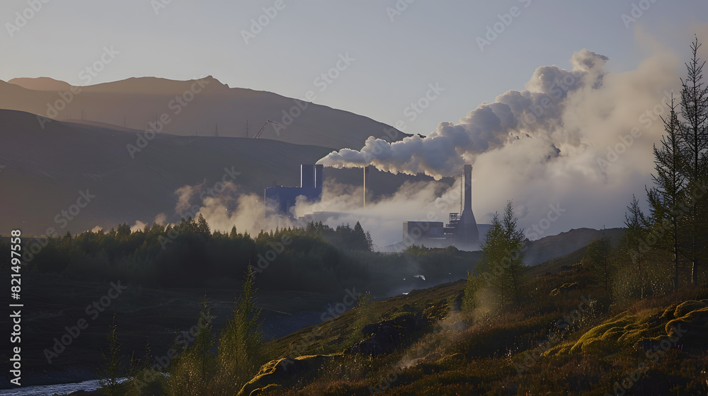 Naklejka premium A mountain range with a large factory in the middle