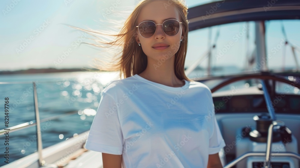 Beautiful young woman wearing plain white t-shirt standing on a boat on vacation. Beautiful young woman wearing plain white t-shirt standing on a boat on vacation.