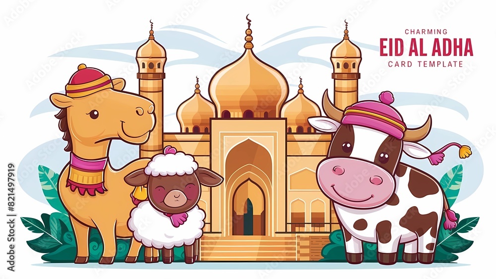 Naklejka premium A Cute Camel Sheep Cow And Mosque Background illustrations, Ai generative. 