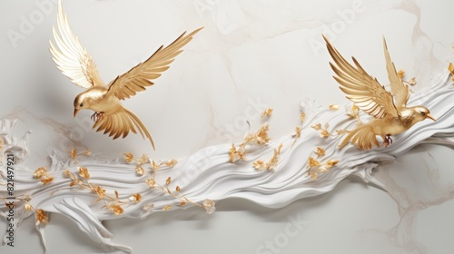3d golden birds flying on marble background wallpaper