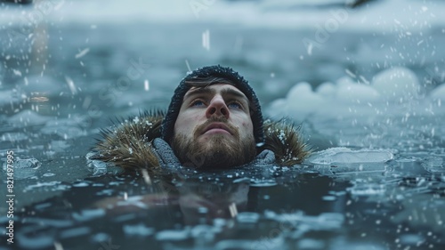 man taking a ice bath in a frozen lake