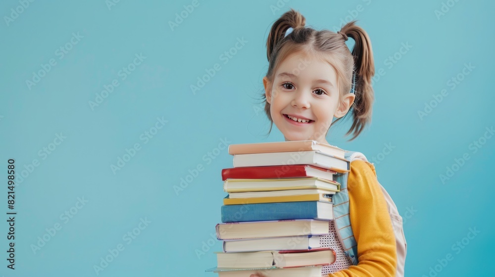 A small child with a smile holds a pile of books. A small child with a smile holds a pile of books.