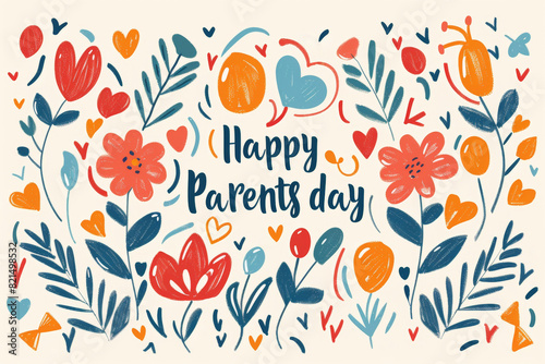 Happy Parents day calligraphy text with flowers and hearts on beige background. Holiday brush lettering. Global Day of Parents concept. Greeting card, banner, postcard or poster for Happy Parents day
