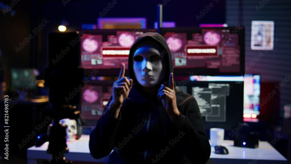Focus on camera on phone on tripod used by hacker concealing identity filming ransom video in hidden base. Close up of smartphone used by cybercriminal with mask to record blackmail footage, camera B Focus on camera on phone on tripod used by hacker concealing identity filming ransom video in hidden base. Close up of smartphone used by cybercriminal with mask to record blackmail footage, camera B
