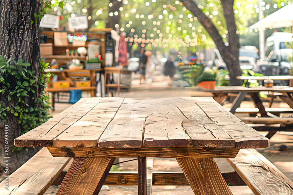 Empty rustic wooden picnic table in an outdoor setting with a background of people and markets defocused.