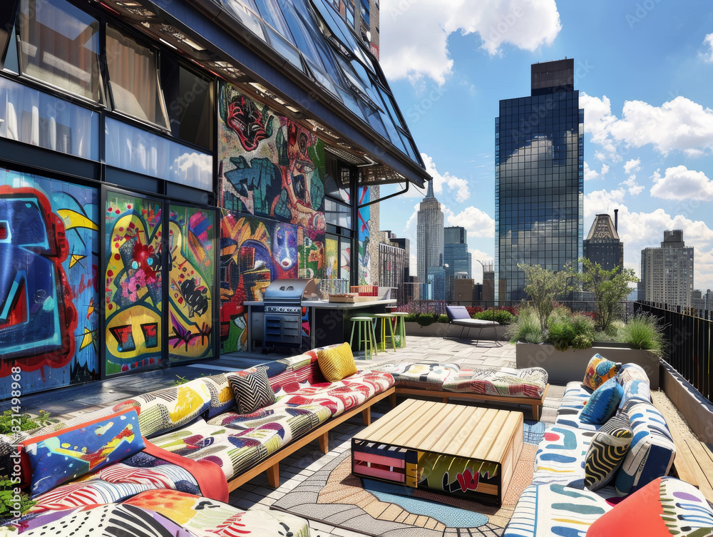 Obraz premium Pop Art of Outdoor patio with comfortable lounge furniture and a stunning view,Graffiti and street art