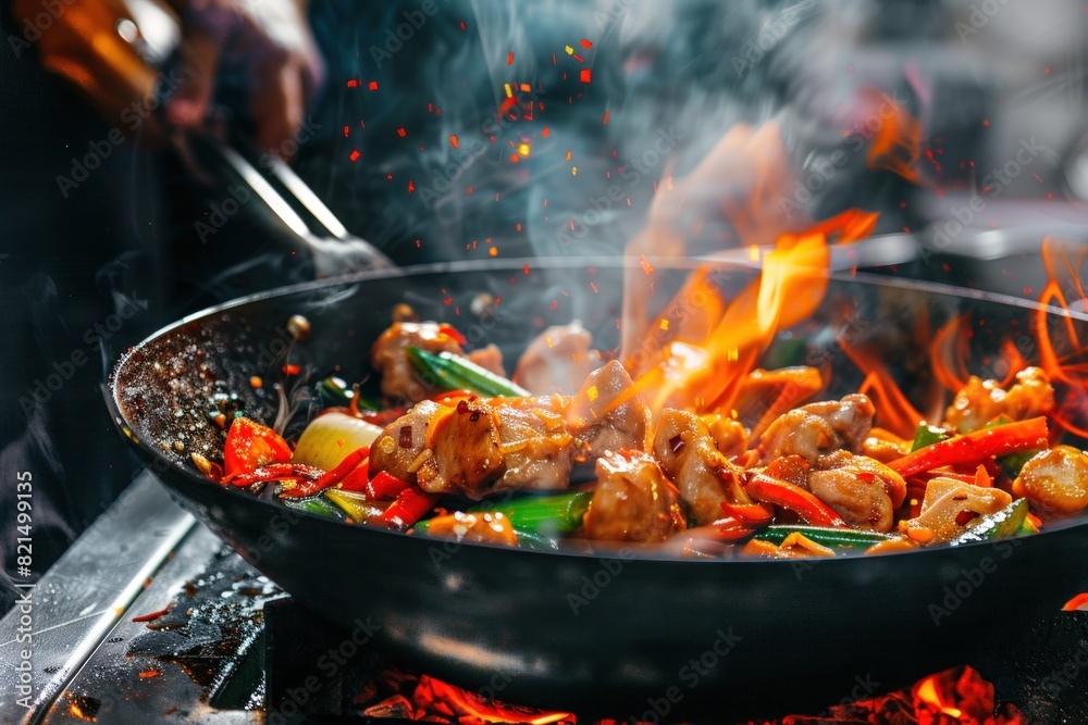 Closeup of chef cooking chicken in wok with fire and vegetables on kitchen background. Closeup of chef cooking chicken in wok with fire and vegetables on kitchen background.