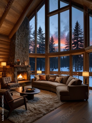 A double-height ceiling living room with a large, floor-to-ceiling window on one side log cabin © De Lune Studio
