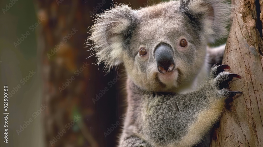 A baby koala is standing on a tree branch and looking at the camera A baby koala is standing on a tree branch and looking at the camera