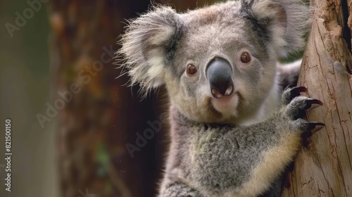 A baby koala is standing on a tree branch and looking at the camera