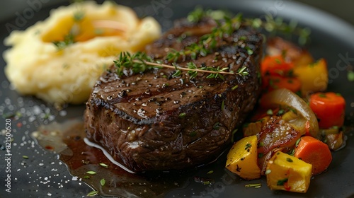 The cooked steak is centered on one side, with mashed potatoes and on the other, a mixture of vegetables garnished with sprigs of herbs.