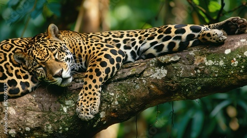 A Jaguar relaxes on a tree trunk on the banks of the Tambopata river, in the Peruvian Amazon © Zie