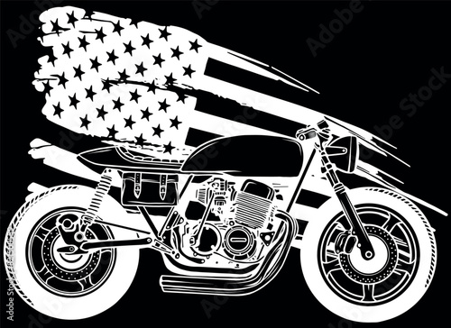 Cafe racer motorcycle in white line on black background