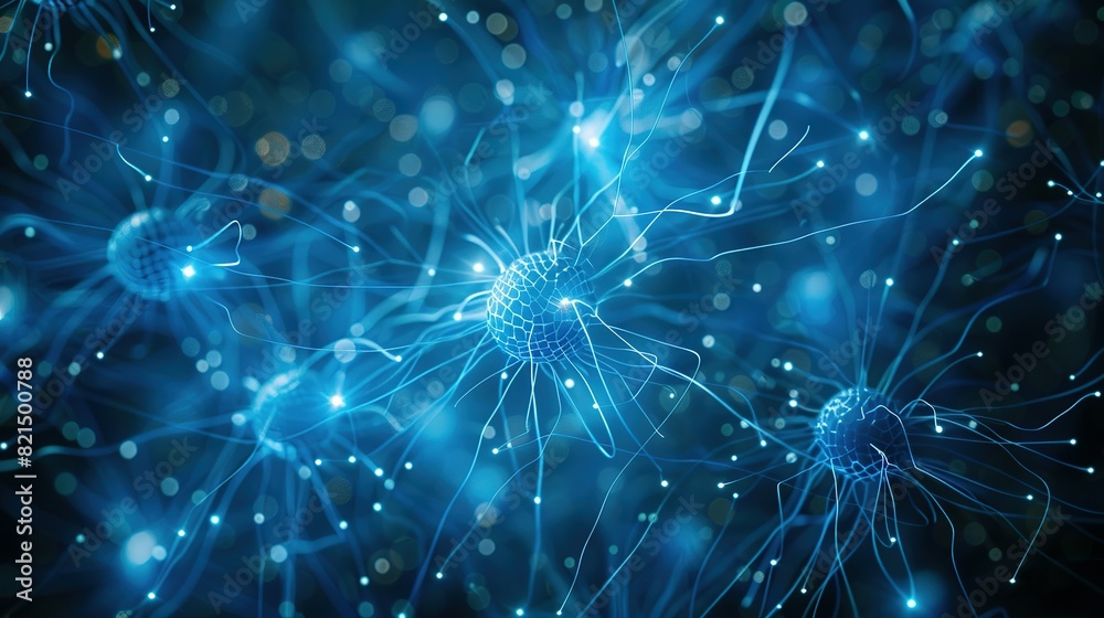 Fototapeta premium Abstract blue technology background featuring a cyber network grid with connected particles. Artificial neurons and global data connections.