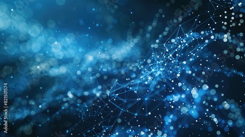 Abstract blue technology background featuring a cyber network grid with connected particles. Artificial neurons and global data connections.