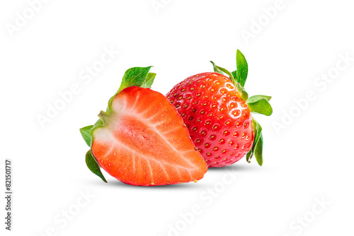 Two ripe red cut strawberries on a white background isolate