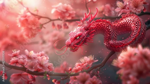 Enigmatic Red Serpent Twining Through Cherry Blossoms in Spring