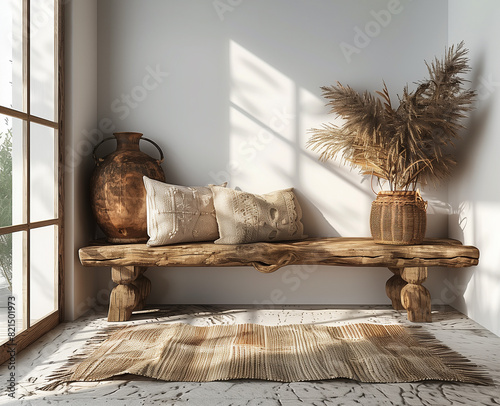 Rustic wooden bench near white wall. Country house, modern rustic living room, space for frame, interior design in modern rustic style, Italian rustic style poor art.