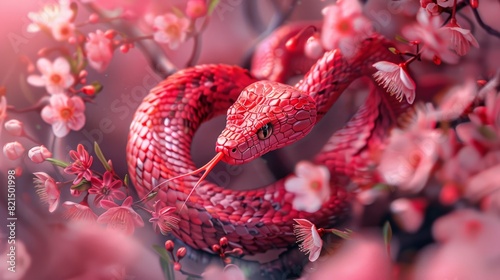 Enigmatic Red Serpent Twining Through Cherry Blossoms in Spring