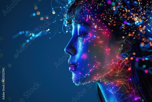 Beautiful woman with colorful glowing neural network in her head.