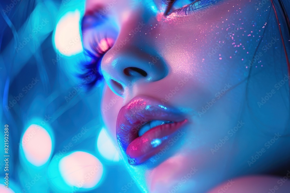 Beautiful woman with sparkling makeup and wearing long eyelashes on a neon blue background. Beautiful woman with sparkling makeup and wearing long eyelashes on a neon blue background.