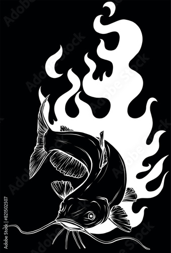 Catfish in white line on black background
