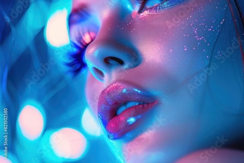Beautiful woman with sparkling makeup and wearing long eyelashes on a neon blue background.
