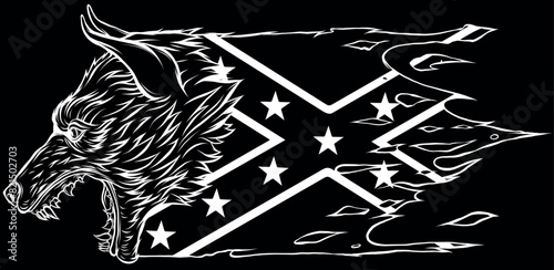 Vector illustration of Wolf head in white line on black background