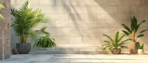 Sunlit minimalist courtyard with potted green plants against a beige stone wall  creating a serene and natural ambiance.