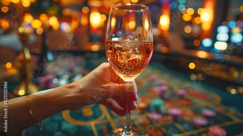 a person holding a glass of wine in front of a roullete