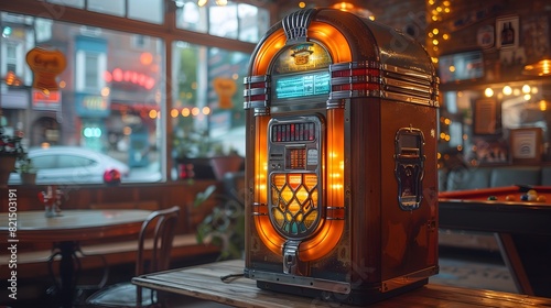an old fashioned juke box sitting in a restaurant photo