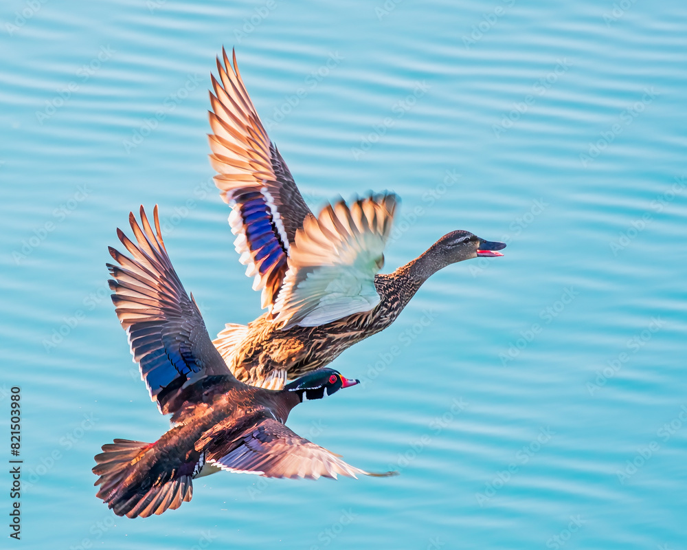 Obraz premium Wood Duck Drake and Mallard Hen in Flight Over Pond