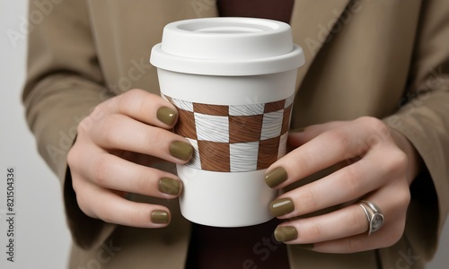 Woman's hands holding a paper coffee cup with a geometric pattern close up.AI Illustration