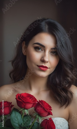Portrait of lady holding flowers, love expressions concept. AI artwork.