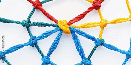 Colorful network of knotted ropes on white background