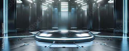 Sleek, modern sci-fi chamber with glowing neon lights and a central platform