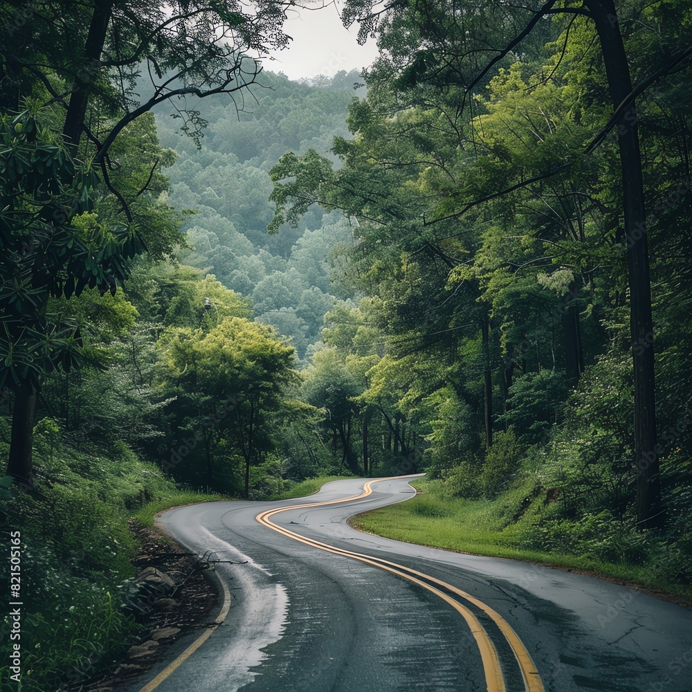 Fototapeta premium Serene winding road through dense green forest, showcasing natural beauty and tranquility of the outdoors.
