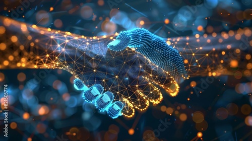 A digital handshake symbolizing the agreement of a smart contract on a blockchain,