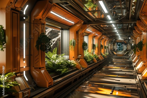 High-tech corridor of the space station with plants interspersed along the aisles