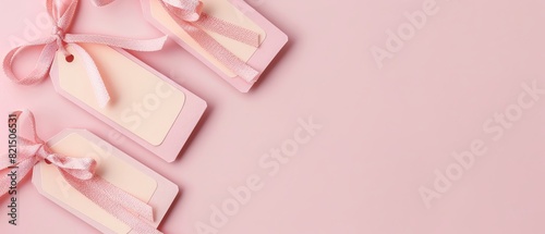 Pink gift tags with ribbons on a pastel pink background, perfect for love, celebration, and gifting themes. Minimalist design and elegance. © nattapon